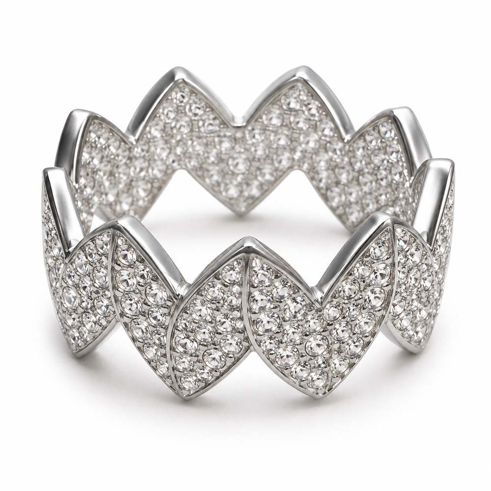 Silver Tone Crystal Bracelet Pave Zigzag Hinged Cuff Chevron Crown Bold Bling